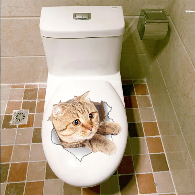 Tridimensionnel Animaux Mignons Chat Chien Toilette Autocollants Stickers Muraux Trou R/éfrig/érateur Affiches DIY D/écor /À La Maison