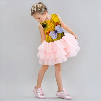 

Girls Dress Formal Princess Ball Gown Kids fashion dress For Wedding Sunflowers and butterflies print Girl Birthday Party