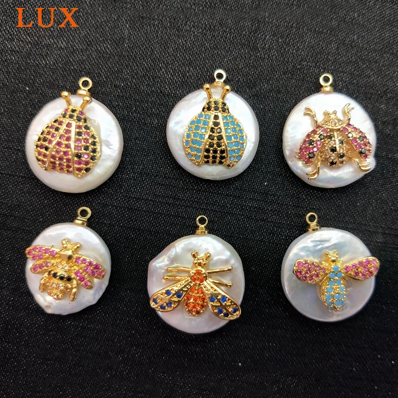 

LUX Fashion Gold color Plated Natural White Pearl Charm Pave CZ insect Pearls Pendants Gems stone Boho Jewelry DIY Making