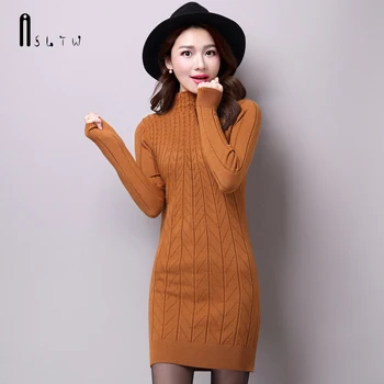 

ASLTW Turtleneck Long Sweater Dress For Women Fashion Autumn Solid Knitting Pullover Long Sleeve Slim Lady's Sweater Dress
