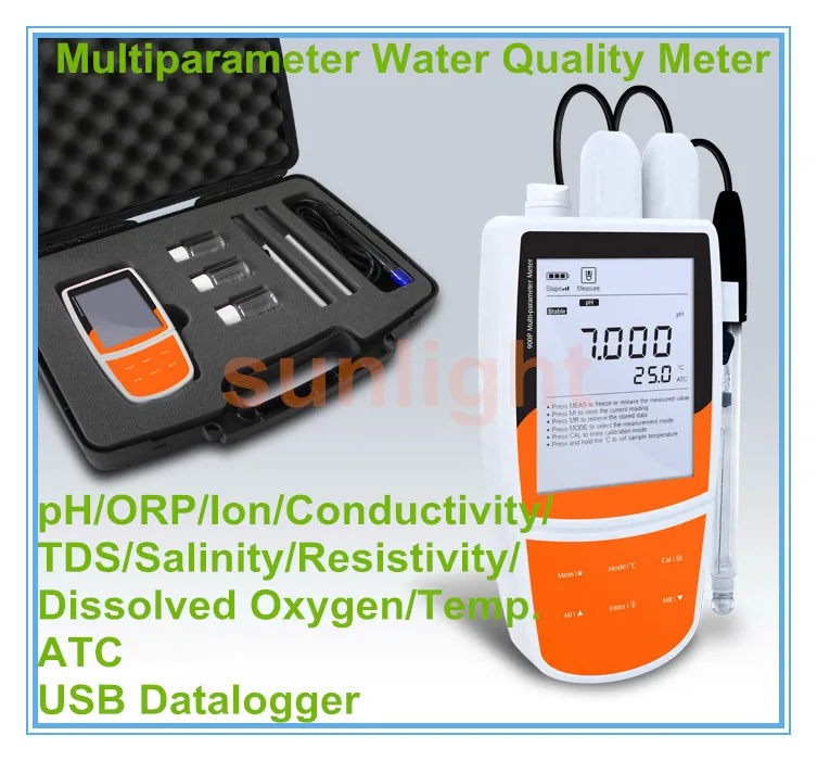 

Portable pH / ORP / Ion / Conductivity / TDS / Salinity / DO / Resistivity / Temperature 9 in 1 Meter with USB Datalogger