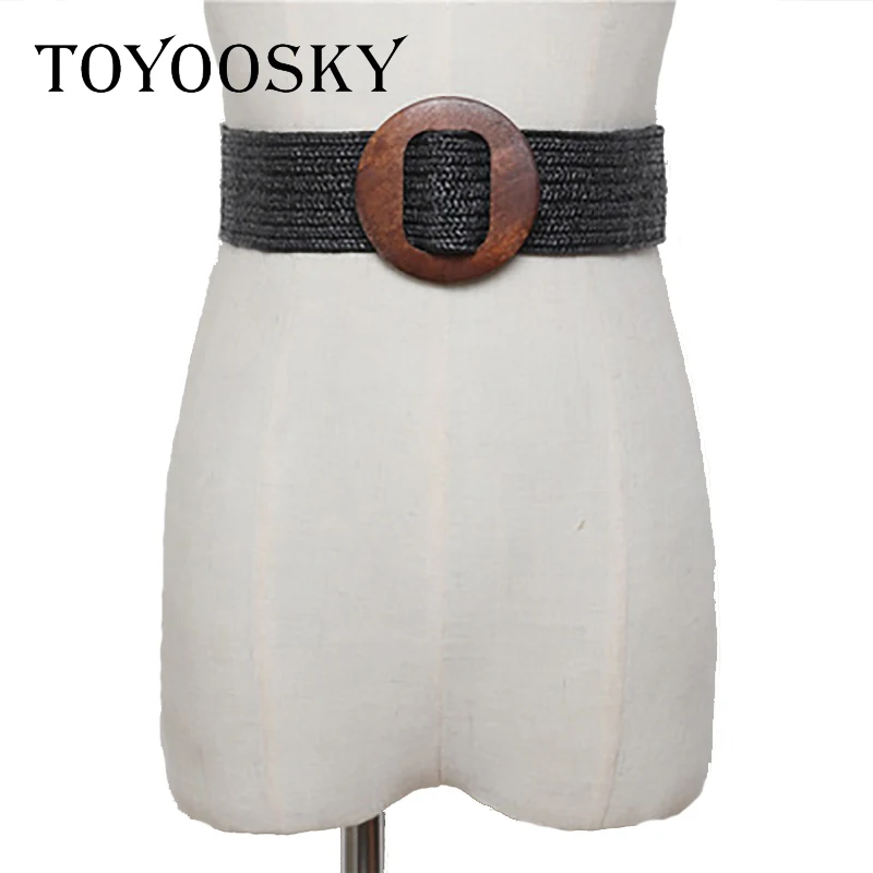 

2019Fashion Woman Belt All-Match Wide Black Vintage Round Wooden Buckle Elastic Weaving One Circle Woman Cummerbunds Solid Dress