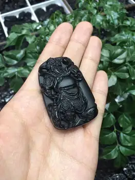 

Free shipping wholesale natural Obsidian ribbon necklace pendant guan gong with rope