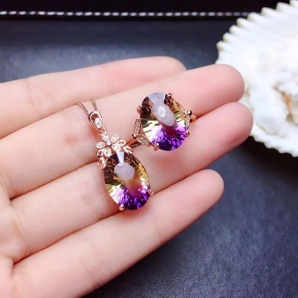 

purple yellow natural ametrine gemstone ring necklace jewelry set for women 925 sterling silver big size natural gem party gift