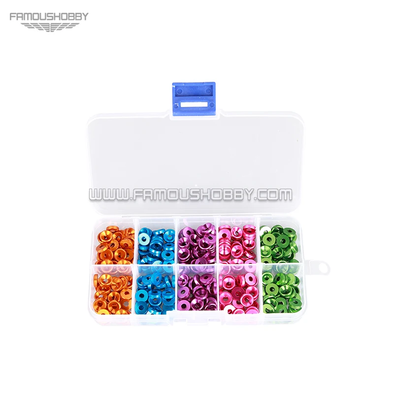 

Famoushobby Free shipping 250pcs/Box New Multicolor M3 Aluminum Countersunk Washer For FPV Frame/RC Drone