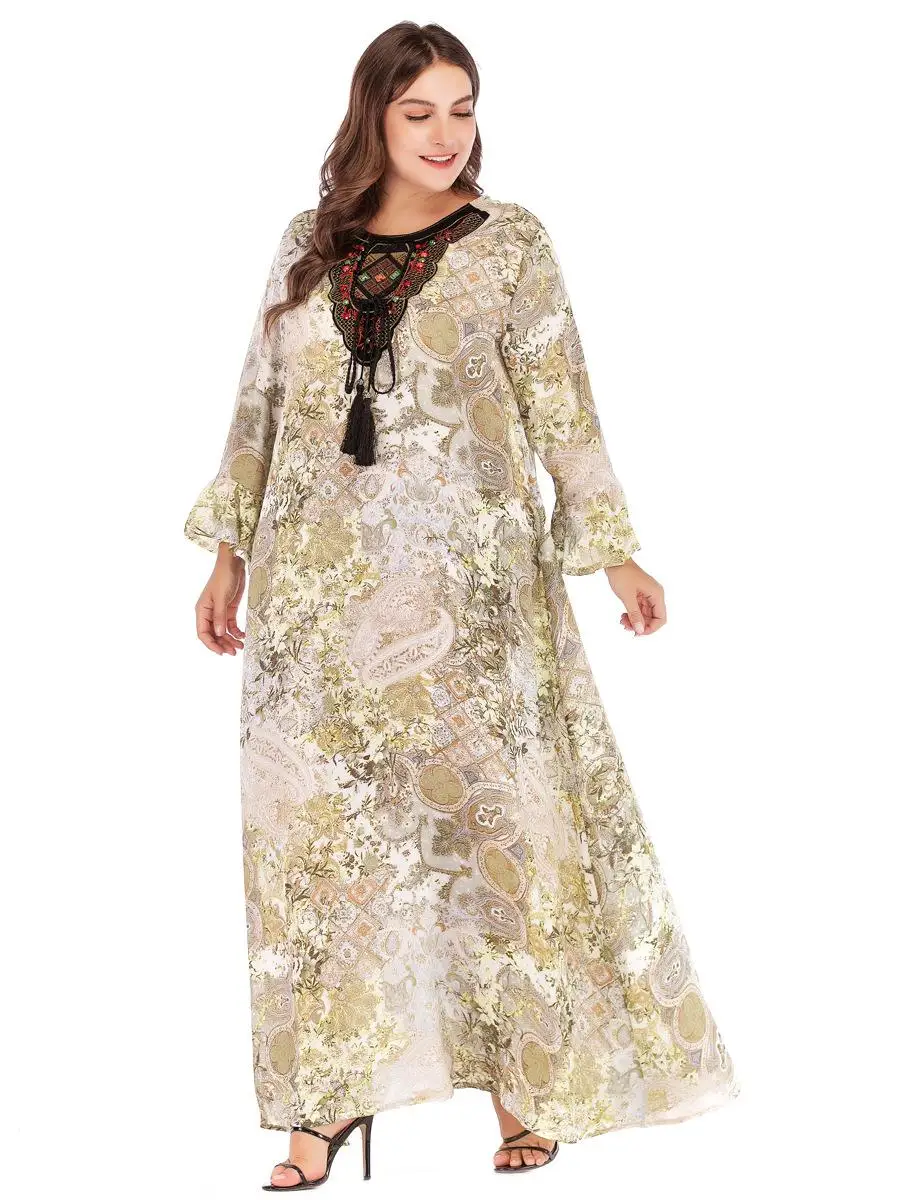 Women Muslim Long Dress Print Plus Size Embroidery Dubai Robe Casual Loose Abaya Gown Beading Drawstring Casual Islamic Clothes