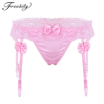 

Women Smooth Soft Lingerie Panties Low Rise Ruffled Lace Hem Bowknot G-string Bikini Briefs Sexy Underwear with Plastic Garters