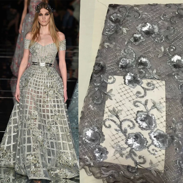 

2018 New Arrived Nigerian Lace Fabrics Blue Gray Sequins African French Mesh Lace Fabric For Evening Party Dress Fabrics KCD2111