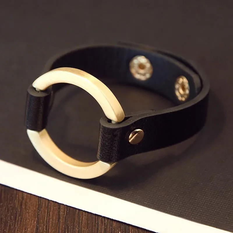 Кожаный браслет с широкой пряжкой, Круглый Женский браслет, новые модные ювелирные изделия, браслеты и браслеты - Окраска металла: black