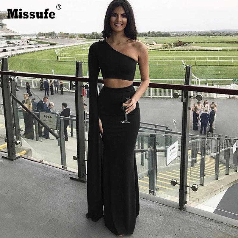 

Missufe 2018 Off One Shoulder Long Sleeve Crop Tops And Bodycon Split Long Dress 2 Piece Set Backless Wedding Party Women Suit