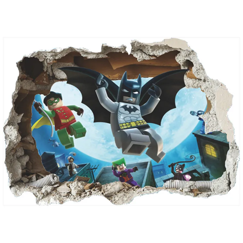 

Cartoon Batman broken wall 3d stickers the Avengers super heroes anime vinyl decals kids room decoration marvel poster 70*50cm