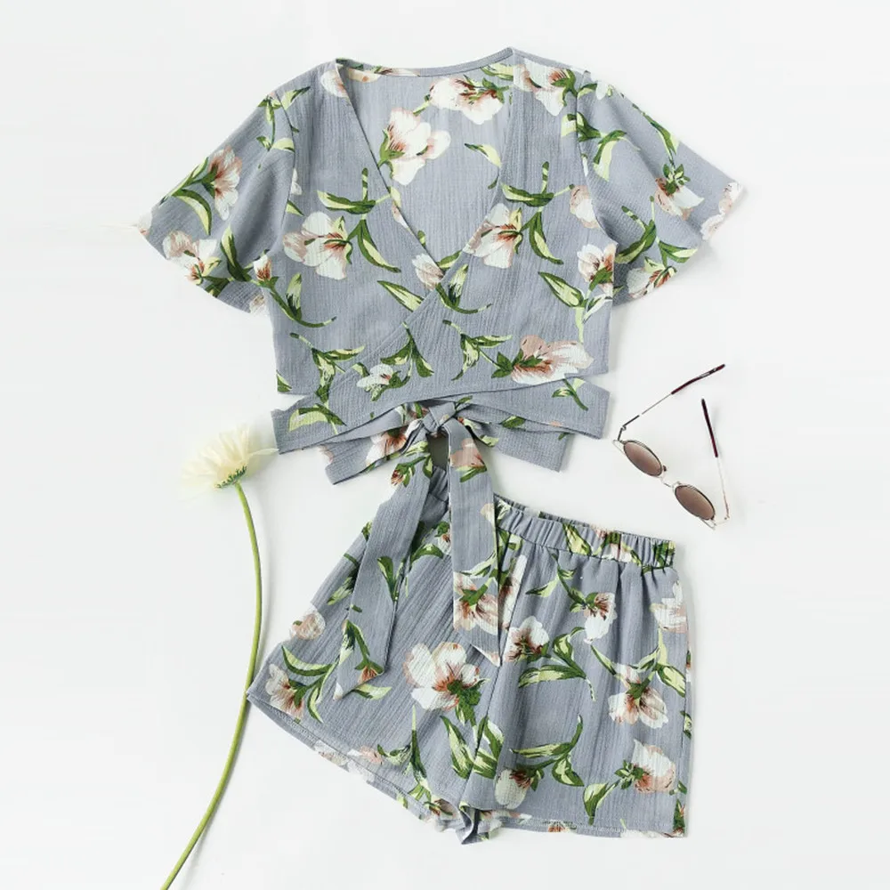 

bordado Summer Set Beach Side Women Casual Two Piece Short Sleeve Printed Suit Beachwear Crop Tops Pants Set V NECK bow hot