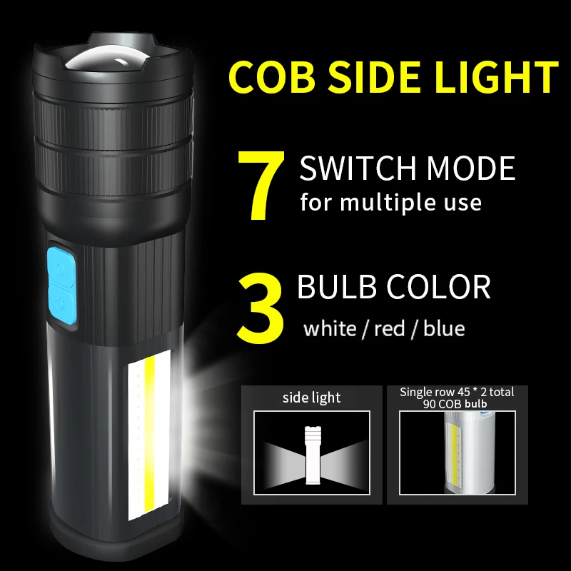 Многофункциональный светодиодный фонарик T6/L2/P90 5200 мАч с COB матрицей красный