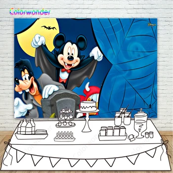 

Photography Background Mickey Mouse with Bat Cloth 7x5ft Blue Spider Web Yellow Moon Night Halloween Backdrops for Party Decor
