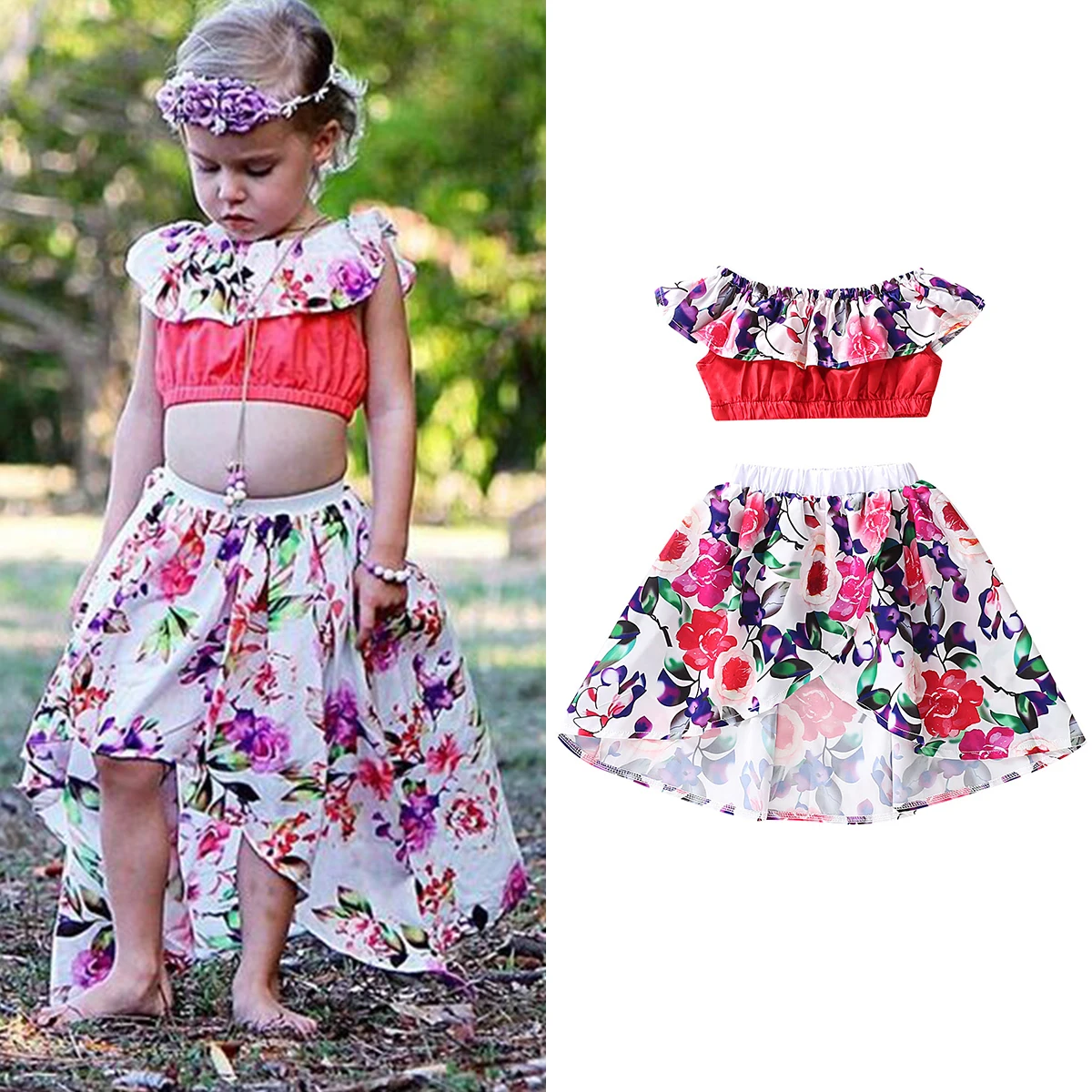 Toddler Little Girls Floral Boho Skirt Sets Summer Outfit Ruffle Tank Top+Irregular Maxi Dress Beach Clothes