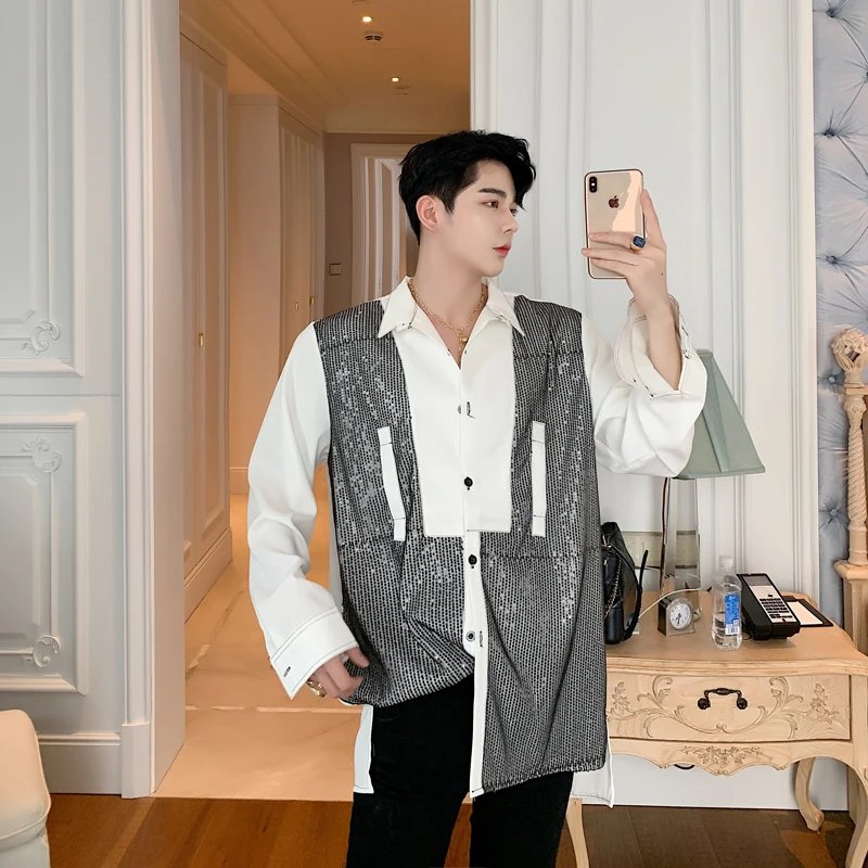 Новые мужские рубашки Роскошные Paillette Splice шифоновые мужские рубашки Camisa Social Masculina свободные Клубные вечерние мужские рубашки