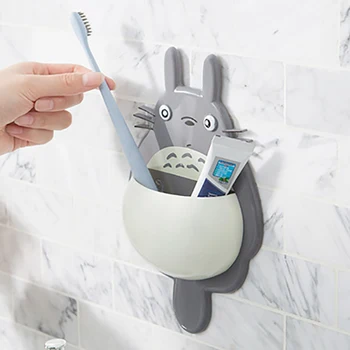 

Wall Mount Cute Totoro Toothbrush Holder Storage Rack with 3 Suction Cup Cartoon Organizer Sucker Home Bathroom Accessories