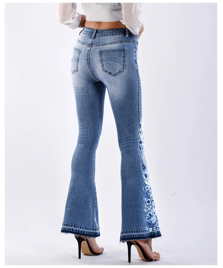 LOGAMI/узкие джинсы с цветочной вышивкой, женские винтажные расклешенные джинсовые штаны, женские Джинсы 4XL размера плюс