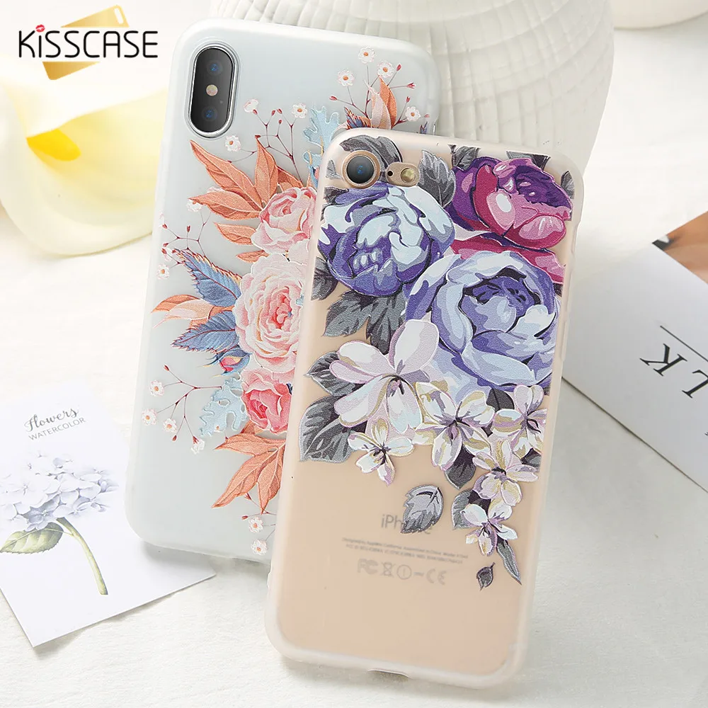 

KISSCASE 3D Relief Flowers Case For iPhone 5 5S Se X Xs Max XR Soft Silicone Flowers Cases For iPhone 6 6S 7 8 Plus X Back Cover
