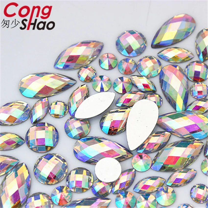 Cong Shao 200Pcs 10 Size Shape Clear AB Rhinestones Trim Flat Back Crystals and Stones Resin Beads For DIY Wedding Dress YB738 | Дом и сад