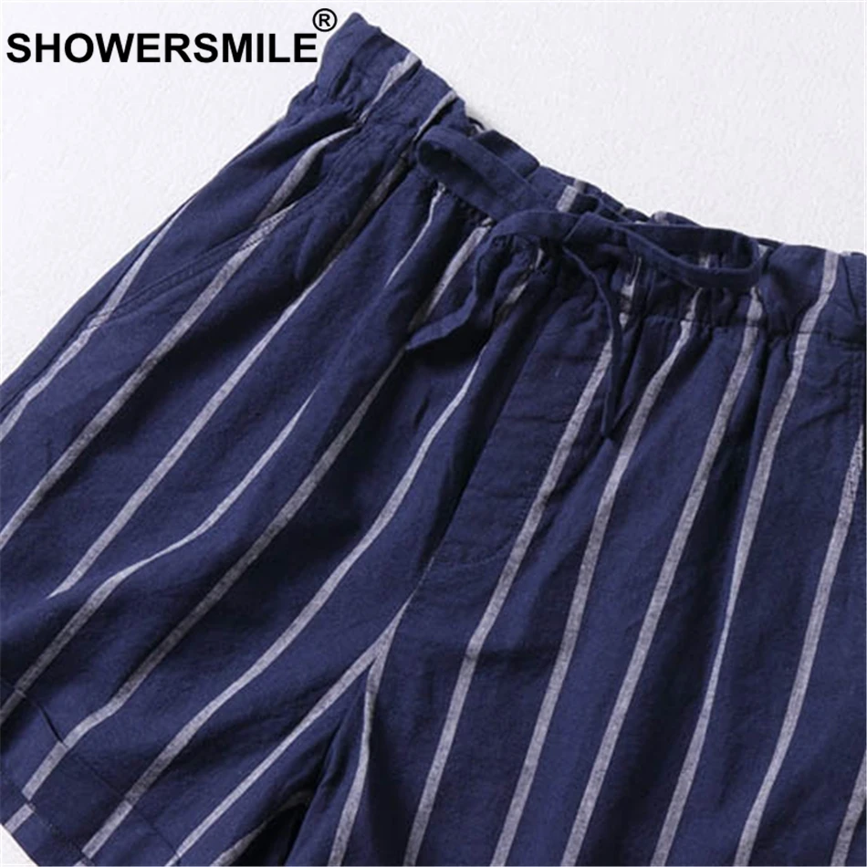 SHOWERSMILE Striped Shorts Women Lace Up Navy Blue Short Trousers Casual Elastic Waist Summer Autumn Short Pants With Pockets SHOWERSMILE Striped Shorts Women Lace Up Navy Blue Short Trousers Casual Elastic Waist Summer Autumn Short Pants With Pockets