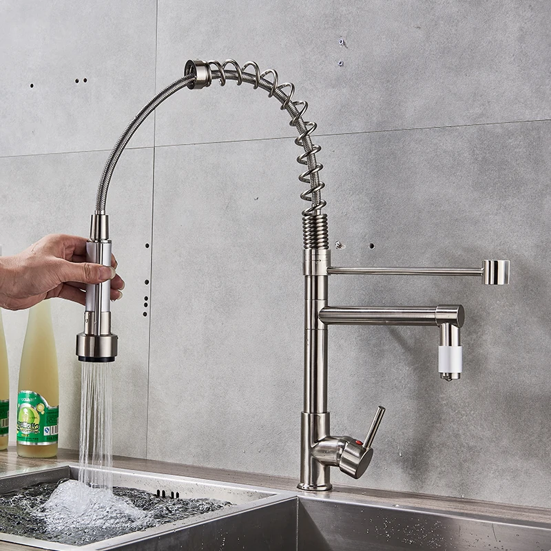  Quyanre Brushed Nickel Black Kitchen Faucet Pull-out Spray Dual Function Water Flow Swivel Spout Si - 32791806575