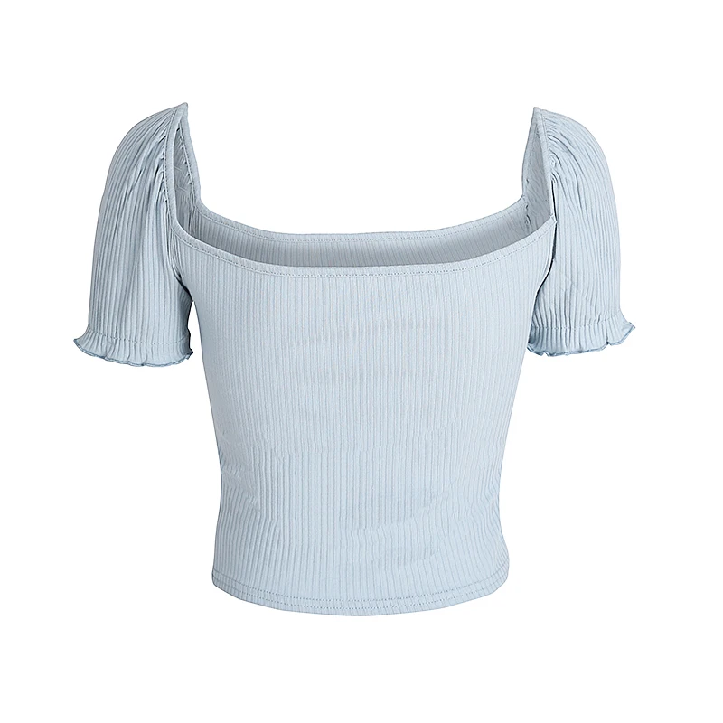 Для женщин Глубокий квадратный воротник футболка с ребрами с пышными рукавами