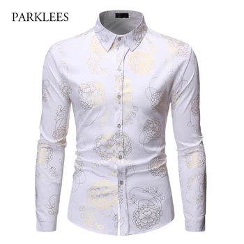 

Mens Floral Gold Bronzing Shirt Brand Dress Shirts Chemise Casual Long Sleeve Shirt Men Nightclub Steampunk Camisa Masculina XL