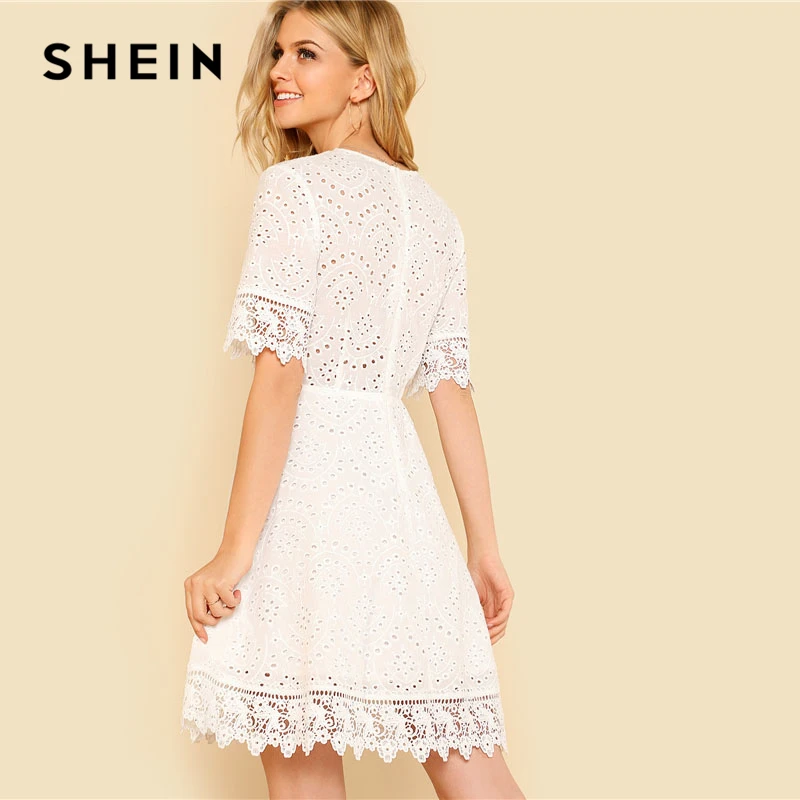 SHEIN Платье С Вышивкой И Кружевами Женское Летнее Белое Сексуальное Короткими
