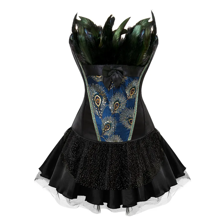 Вышивка павлин корсет принцесса showgirl танцевальная юбка-пачка Косплей перья бюстье боди костюм размера плюс S-6XL - Цвет: 2871blacksuit