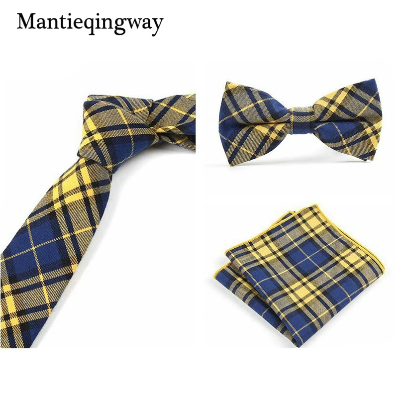 Mantieqingway Модный хлопковый галстук с рисунком «Шотландка»+ галстук-бабочка+ Карманный квадратный комплект для мужчин свадебные галстуки для мужчин костюмы Gravats Corbatas Neckwear