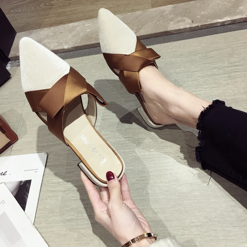 

closed toe women slipper Flock Slides Butterfly-knot Low mules Narrow Band Fashion Square heel Pointed Toe woman slides modis