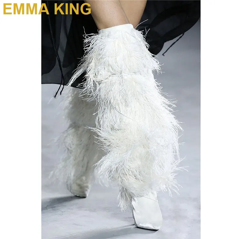 the Ginocchio Alta stivali A Al Alti Over Modo flock Stivali Donne Della Donna Punta Pista Inverno Coscia blu Da Talloni Scarpe Nappa Di Leather Delle Piuma x8vHOP