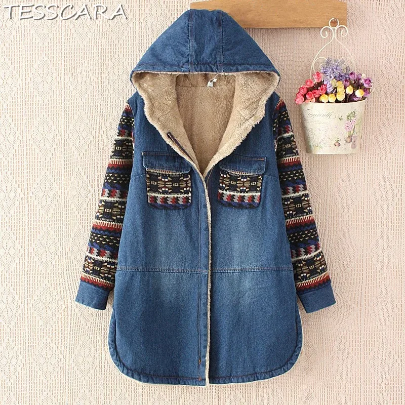 

TESSCARA Autumn & Winter Women Warm Denim Parka Jacket Coat Female Long Camel Hair Jackets Overcoat With Hood Outerwear & Coats