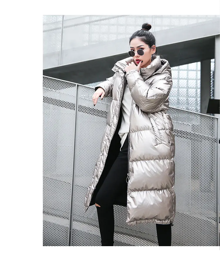 Long Silver Jackets Women Parka Winter Warm Outerwear Fashion Bright Cotton Coat Ladies Winter Loose Down Jacket Thick T399