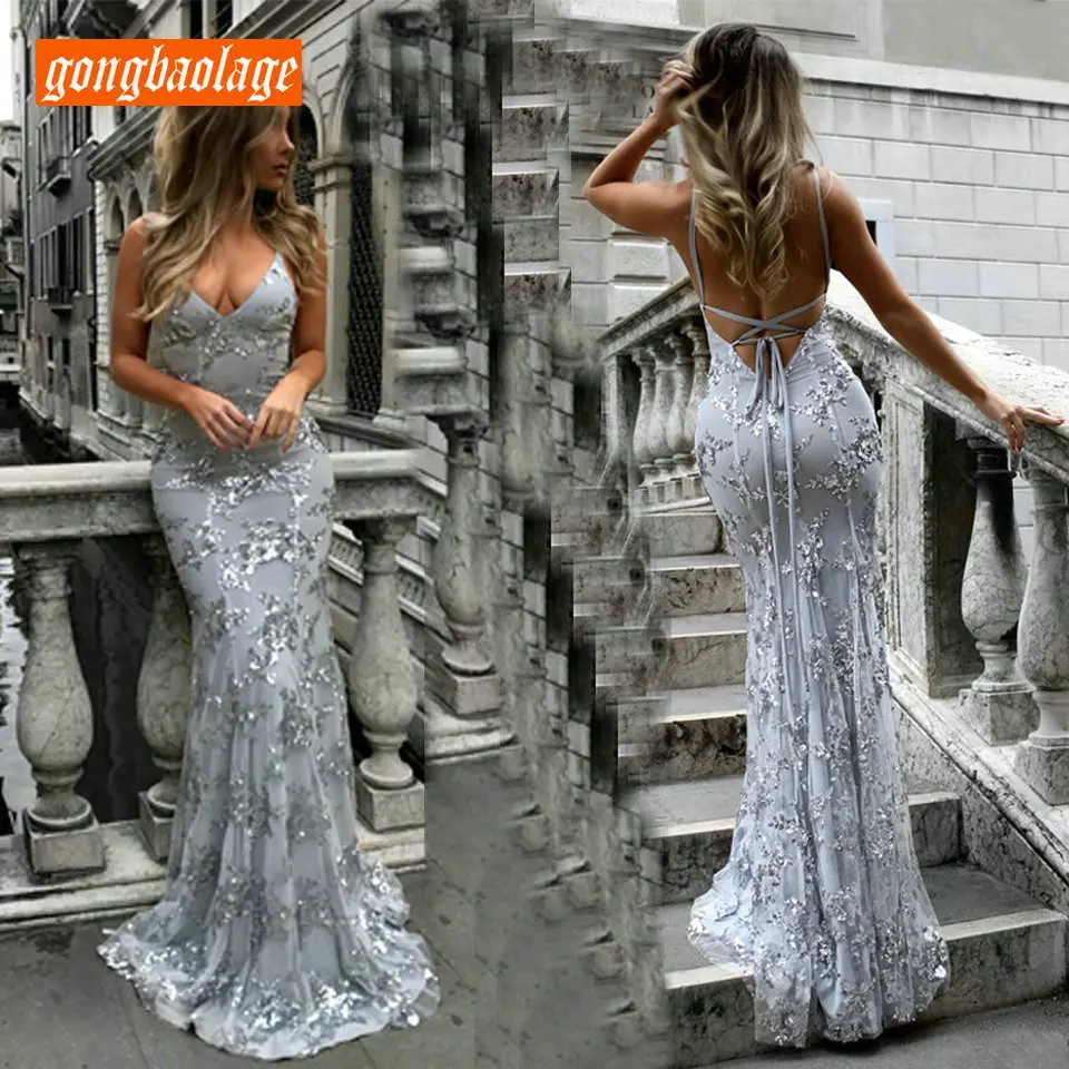 

Sexy Silver Mermaid Evening Dresses Long Formal Dress 2019 Evening Gowns For Women V-Neck Embroidery Lace Backless Finery Cheap