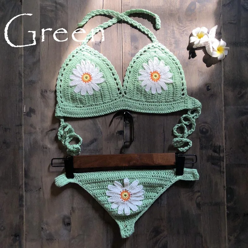 New Fashion Beach Bikini Set Knitting Swimsuit Crochet Bohemia Style Off Shoulder Bathing Handmade Sexy Bikini - Цвет: green