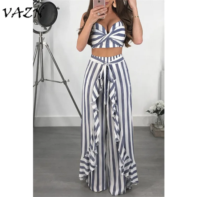 

VAZN Special Design 2018 New Popular Casual Style 2 piece Women Set Striped Ruffle Strapless Belt Long Loose Pants K9206