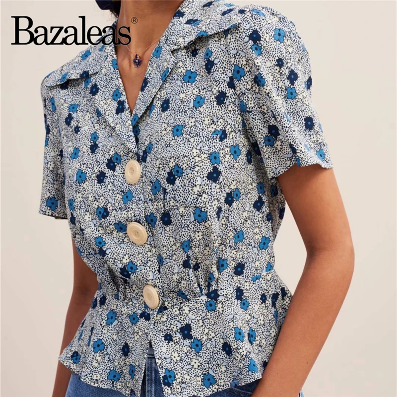 

Bazaleas Vintage 3 Buttons blusas Fashion Slim Blusa Feminina Chic France Blue Flower Print women Blouse drop shipping