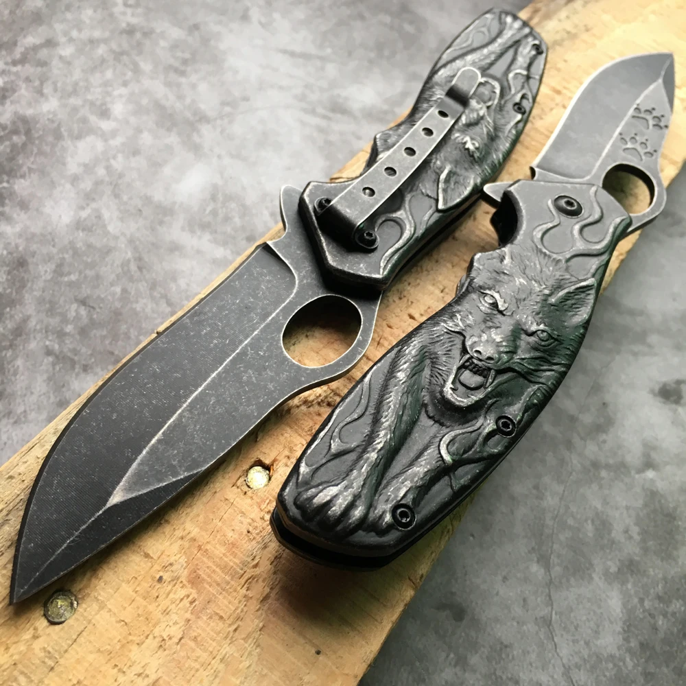 Высокое качество 3D Волк король резной Stonewash Тактический нож выживания кемпинга