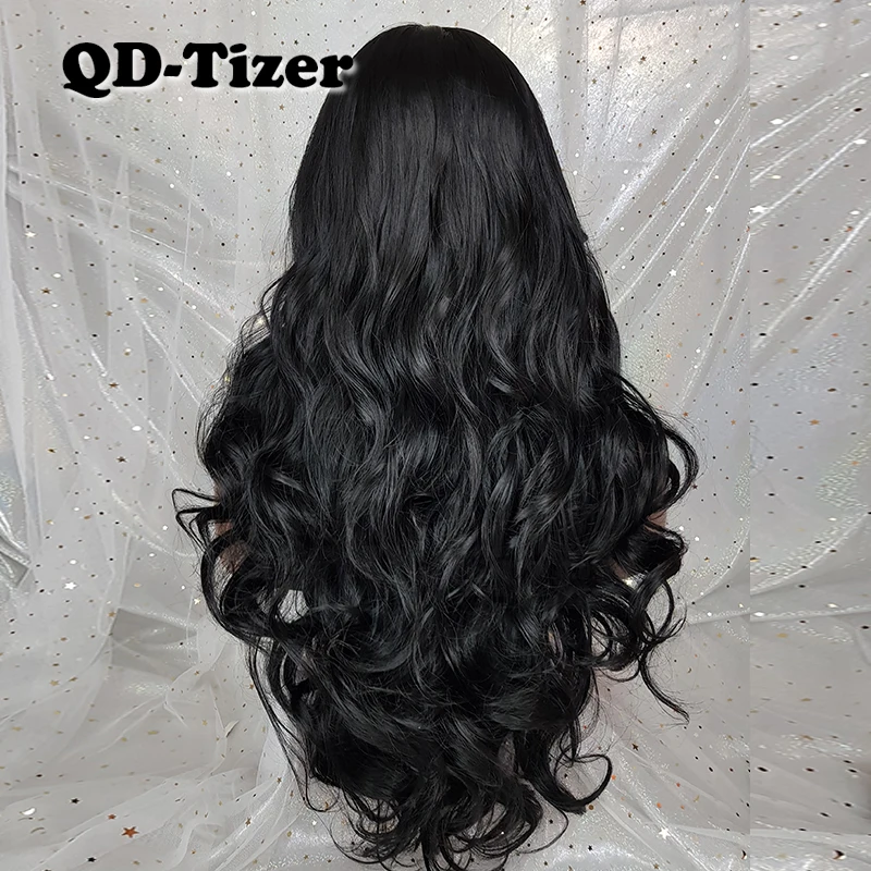 QD-Tizer Hair Body Wave Black Color Lace Front Wigs Natural with Bangs Long Wavy Synthetic Lace Front Wig for Beauty Women3