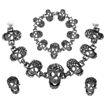 

Yacq Skull Necklace Bracelet Earrings Sets Women Biker Goth Skeleton Fashion Bling Jewelry Silver Gun Color W Crystal Gifts Her