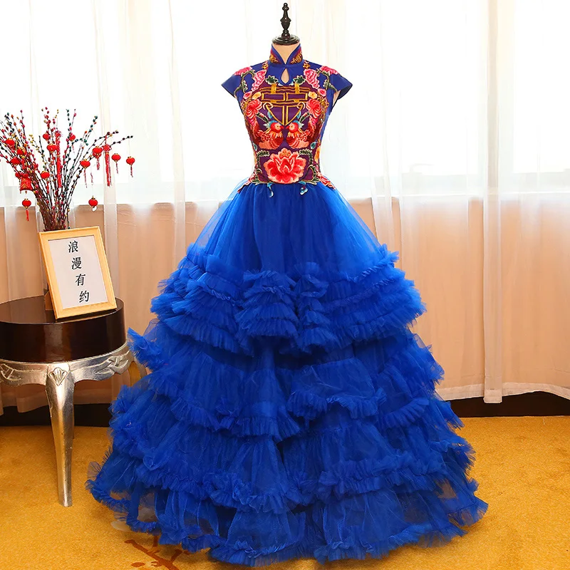 

100%real royal blue/red traditional flower embroidery theme court ball gown medieval cloud ruffled Victorian gown Belle Ball