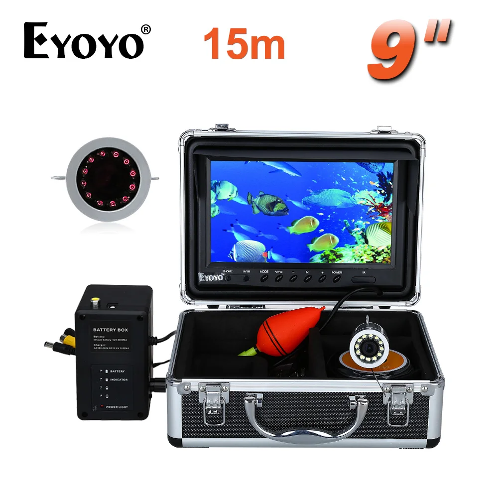 

EYOYO 9" Video Fish Finder HD 1000TVL 15M Infrared Fishing Camera Full Silver Fish CAM Underwater Invisible Free Sunvisor