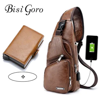 

Bisi Goro 2019 bag set Men's Chest Bag Retro Single Shoulder Bag Aluminum Credit Card Holder RFID Wallet Travel Composite Bag