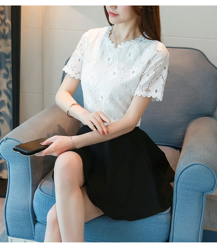 2018 New Summer Blouses Shirts Women Fashion Hollow Lace Tops Women Blouse O-neck Short Sleeve Female Shirts Blusas Mujer (6)