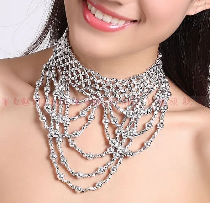 

Belly Dance Bead Necklace/Neck chain Female Dance performance Beaded Choker/ Accessories glod silver