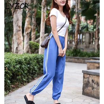 

Lyzcr Casual Wide Leg Striped Pants Women Summer Plus Size Loose Women's Pants With Stripes Beach Female Trousers Pants Women
