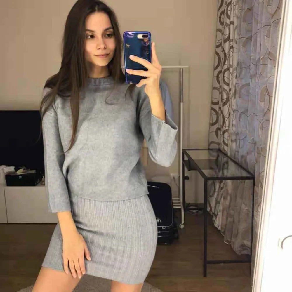 2018 Two Piece Set Knit Dress Winter Sweater Suit for Women Set Three Quarter Pullover Wool Sweater Elastic Cashmere Suit Female
