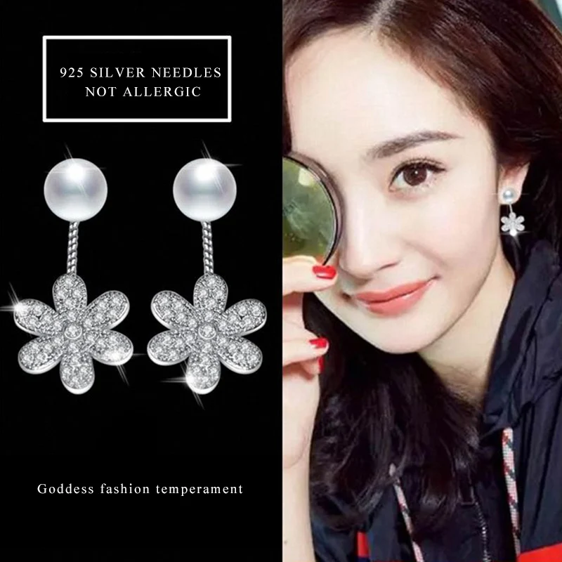 

style flower earrings student girl simple small fresh back hanging pearl ear studs Korea sweet female ear studs